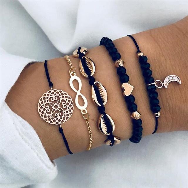 LWMMD 5pcs/set Bohemian Love Charm Bracelets Bangles For Women Fashion Gold Color Strand Bracelets Sets Jewelry bohemian