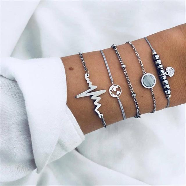 LWMMD 5pcs/set Bohemian Love Charm Bracelets Bangles For Women Fashion Gold Color Strand Bracelets Sets Jewelry bohemian