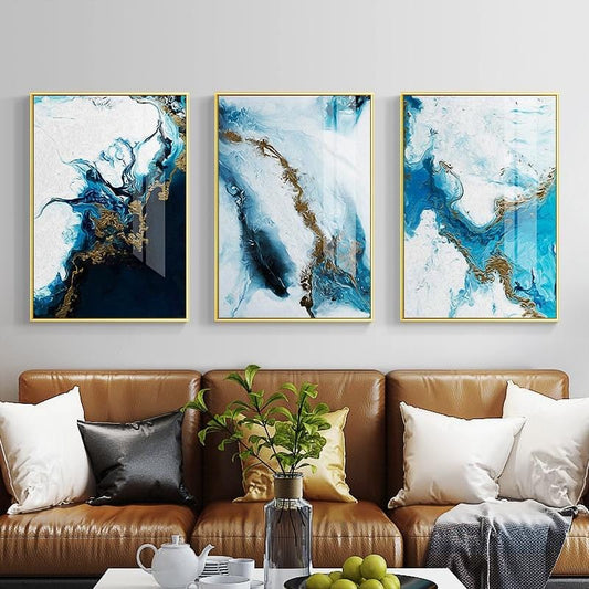 Nordic Abstract color spalsh blue golden canvas painting poster and print unique decor wall art pictures for living room bedroom