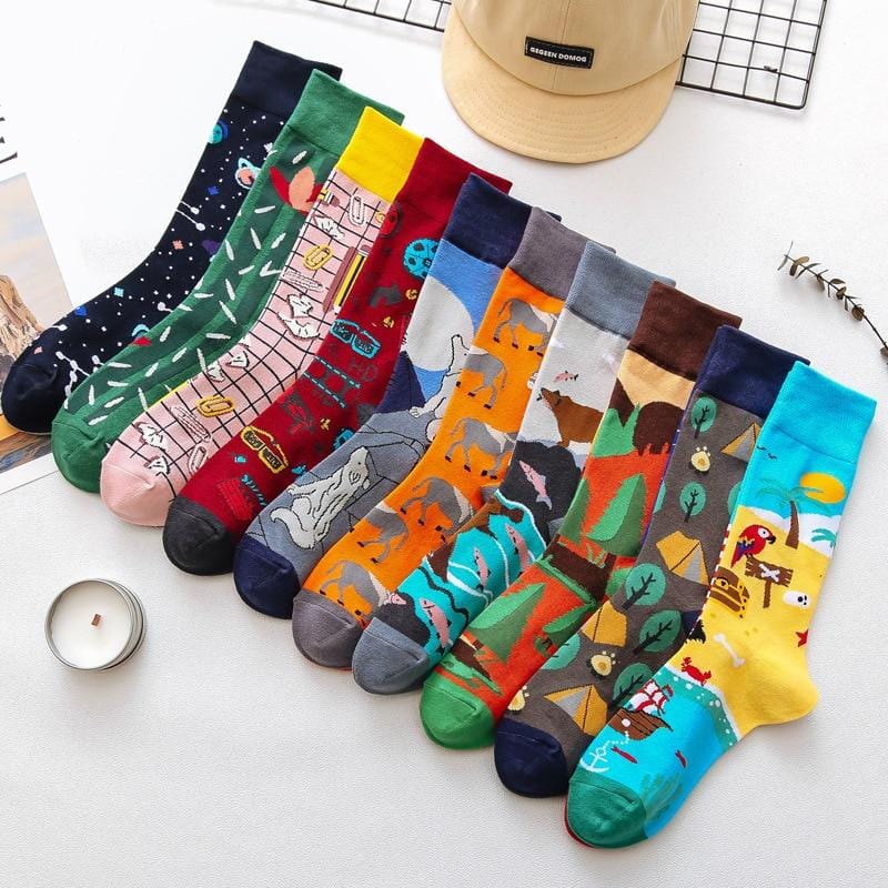 1 paire de chaussettes pour hommes, chaussettes décontractées en coton, Unique, Animal de dessin animé, drôle, mignon, Cool, unisexe, mi-longues, asymétriques, AB