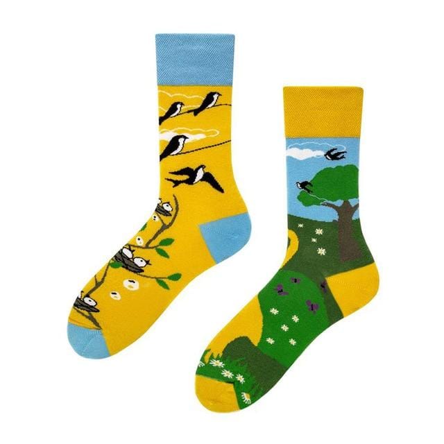 1 paire de chaussettes pour hommes, chaussettes décontractées en coton, Unique, Animal de dessin animé, drôle, mignon, Cool, unisexe, mi-longues, asymétriques, AB