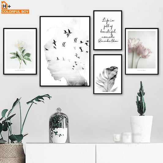 Mädchen Vogel Blume Feder Zitate Landschaft Wand Kunst Leinwand Malerei Nordic Poster Und Drucke Wand Bilder Für Wohnzimmer Dekor