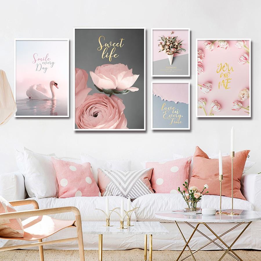 Pfingstrosen-Blumen-Wandbild, Malerei, Druck auf Leinwand, Kunst, nordisches <span>rosa</span> Poster, Wandgemälde für Mädchen, Wohnzimmer, Pop-Art-Dekor