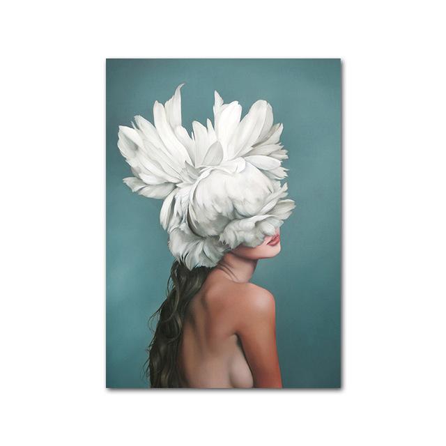 Nude Naked Women Feather Posters and Prints Nordic Figure Canvas Painting Girls Wall Art Flower Pictures for Living Room Bedroom