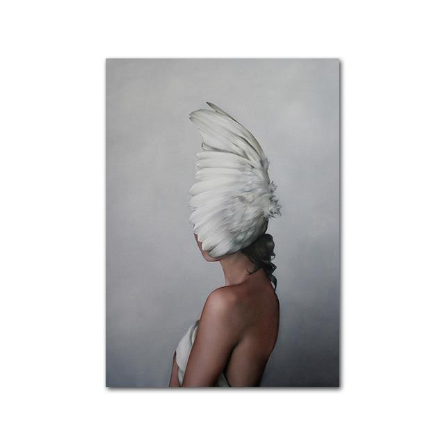 Nude Naked Women Feather Posters and Prints Nordic Figure Canvas Painting Girls Wall Art Flower Pictures for Living Room Bedroom