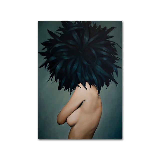 Nude Naked Women Feather Posters and Prints Nordic Figure Canvas Painting Girls Wall Art Flower Pictures for Living Room Bedroom