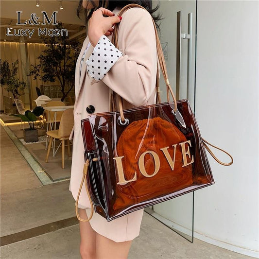 Women Fashion Transparent PVC Handbag Female Clear Brown Shoulder Bag LOVE Letter Printing Tote Bags Summer Beach Handbags XA813