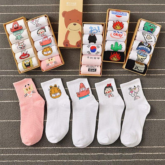 Ins Stil Lustige Tier Gemusterte Frauen Kurze Set Socken 5 Pairs Cartoon Ulzzang Baumwolle Ankle Atmungs Weibliche Harajuku Coole Sox