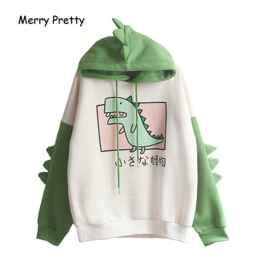 Merry Pretty – sweat-shirt à capuche en forme de dinosaure pour femme, pull chaud en polaire avec cornes, Harajuku, pour filles et adolescentes, vert