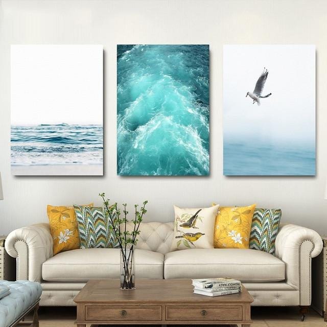 Toile de peinture de paysage nordique bleu mer et ciel, vagues de mouette gratuites, affiche d'art de plage, décor de salon, mur d'oiseaux de mer