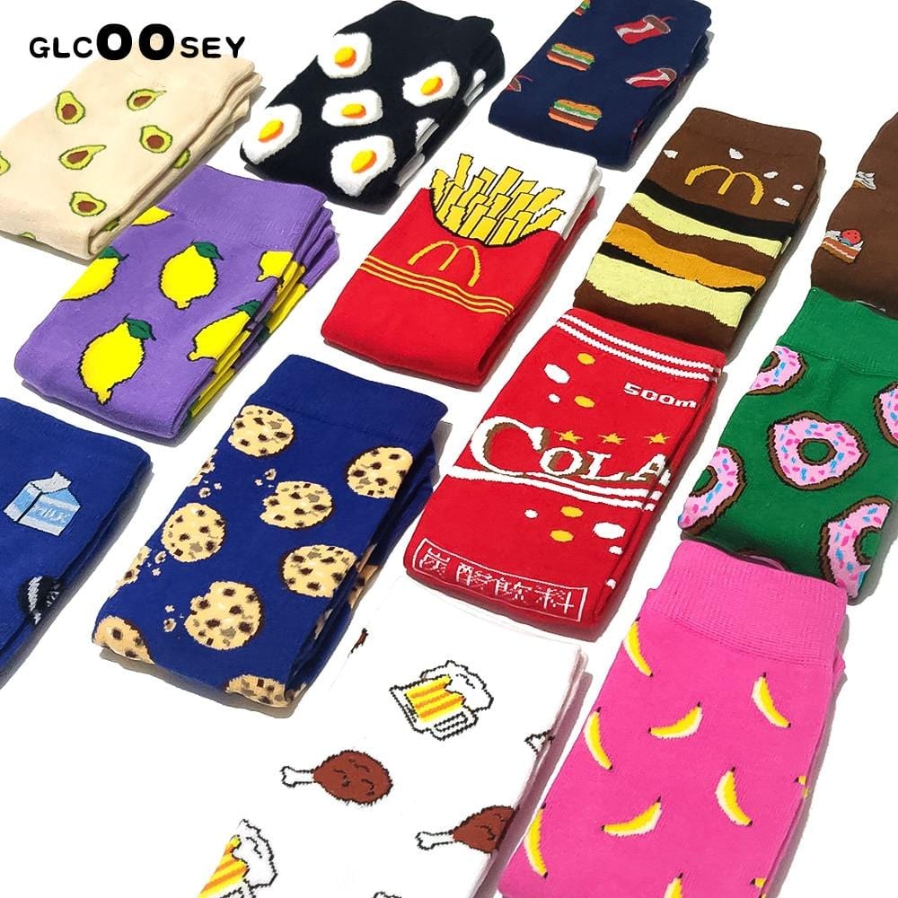 Femmes chaussettes drôle mignon dessin animé Fruits banane avocat citron oeuf Cookie beignets nourriture heureux japonais Harajuku skateboard chaussettes