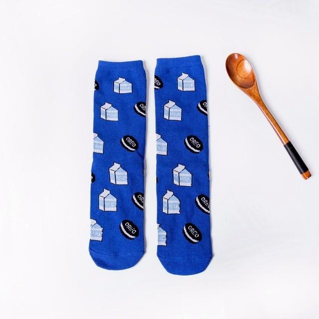 Femmes chaussettes drôle mignon dessin animé Fruits banane avocat citron oeuf Cookie beignets nourriture heureux japonais Harajuku skateboard chaussettes