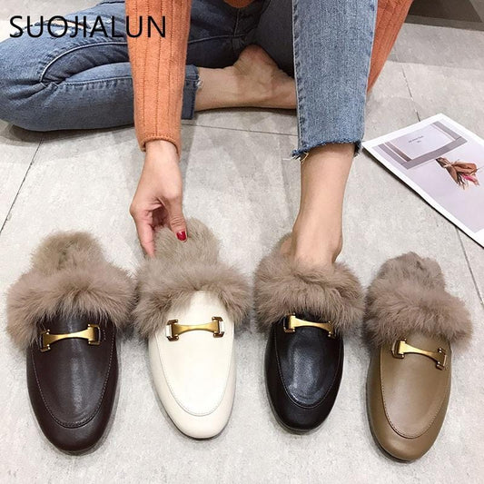 SUOJIALUN femmes pantoufles plates sans lacet Mules marque Designers 2019 mode luxe Rivet t-strap diapositives sans lacet mocassins Mules