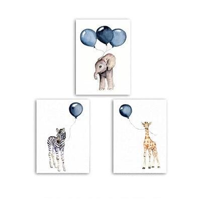 Nordic Cartoon Baby Animals Canvas Paintings Nursery Blue Balloon Art Poster Zebra Elephant Print Wall Pictures Kids Room Decor