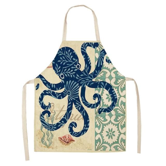 Marine Animals Printed Kitchen Aprons for Women Kids Sleeveless Cotton Linen Bibs Cooking Baking Cleaning Tools 53*65cm GT1299