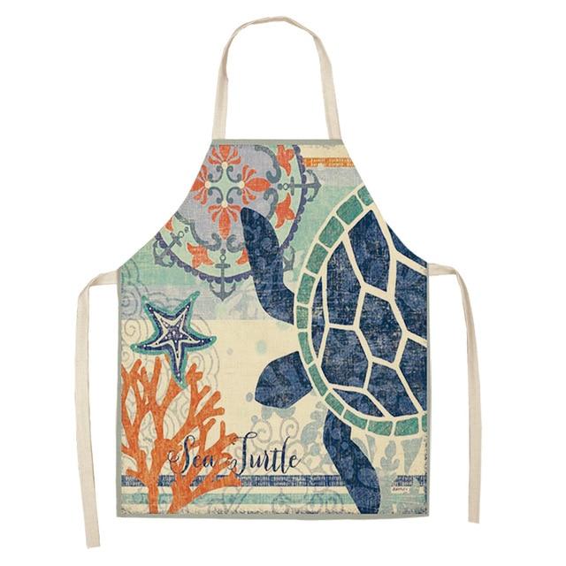 Marine Animals Printed Kitchen Aprons for Women Kids Sleeveless Cotton Linen Bibs Cooking Baking Cleaning Tools 53*65cm GT1299