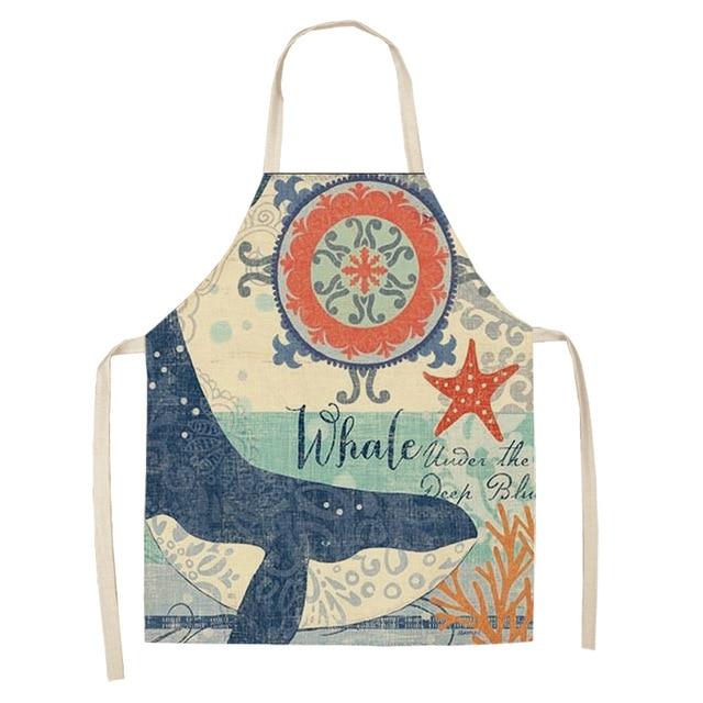 Marine Animals Printed Kitchen Aprons for Women Kids Sleeveless Cotton Linen Bibs Cooking Baking Cleaning Tools 53*65cm GT1299