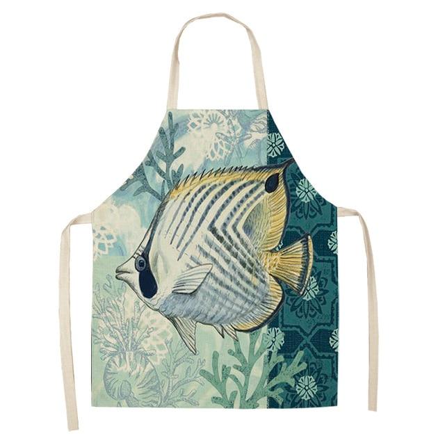 Marine Animals Printed Kitchen Aprons for Women Kids Sleeveless Cotton Linen Bibs Cooking Baking Cleaning Tools 53*65cm GT1299