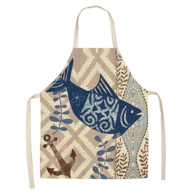 Marine Animals Printed Kitchen Aprons for Women Kids Sleeveless Cotton Linen Bibs Cooking Baking Cleaning Tools 53*65cm GT1299