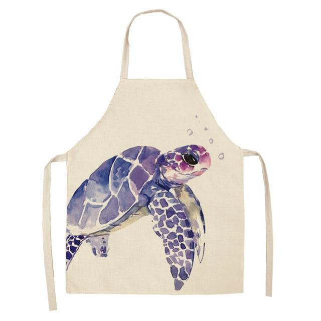 Marine Animals Printed Kitchen Aprons for Women Kids Sleeveless Cotton Linen Bibs Cooking Baking Cleaning Tools 53*65cm GT1299