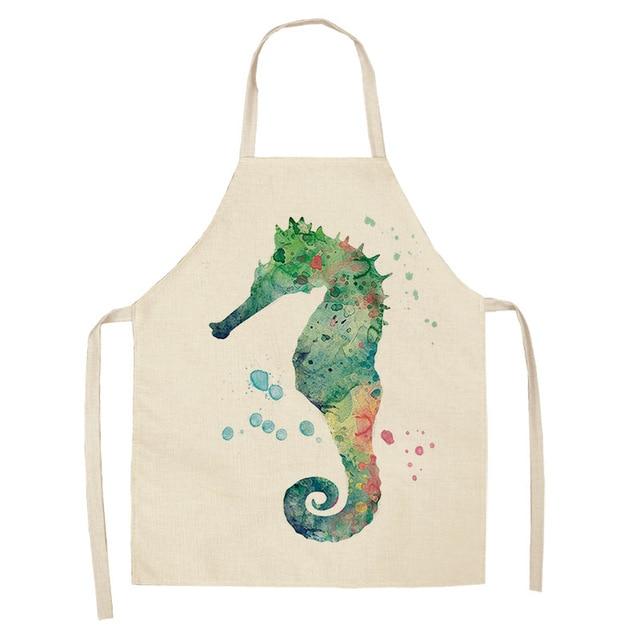 Marine Animals Printed Kitchen Aprons for Women Kids Sleeveless Cotton Linen Bibs Cooking Baking Cleaning Tools 53*65cm GT1299