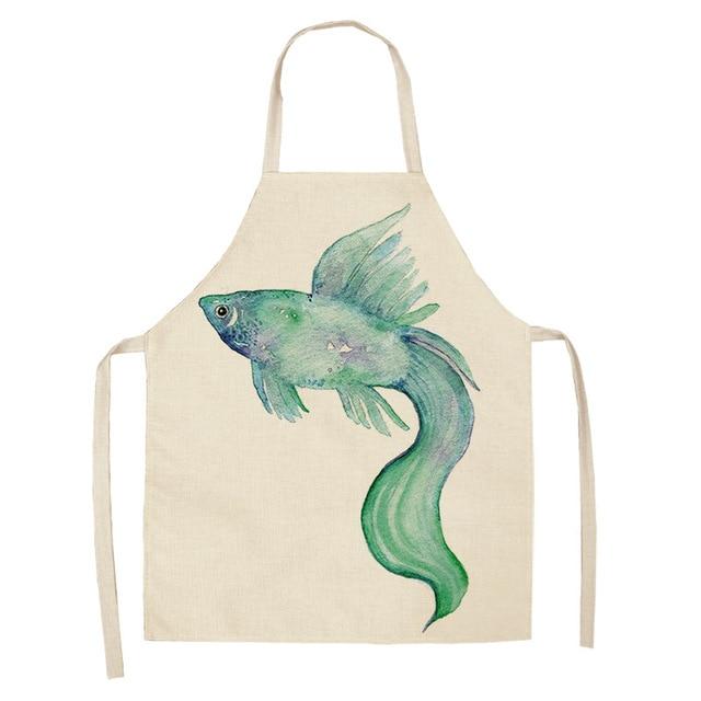 Marine Animals Printed Kitchen Aprons for Women Kids Sleeveless Cotton Linen Bibs Cooking Baking Cleaning Tools 53*65cm GT1299