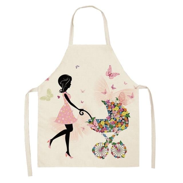 1Pcs Cotton Linen Flower Butterfly Girl Printed Kitchen Aprons for Women Home Cooking Baking Waist Bib Pinafore 53*65cm WQ0034