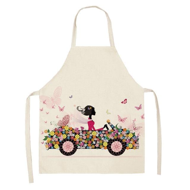 1Pcs Cotton Linen Flower Butterfly Girl Printed Kitchen Aprons for Women Home Cooking Baking Waist Bib Pinafore 53*65cm WQ0034