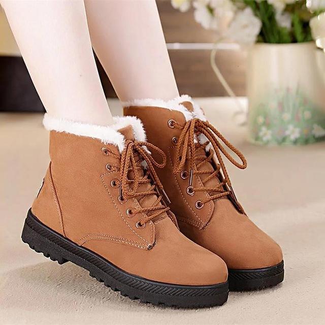 Snow boots 2019 warm fur plush Insole women winter boots square heels flock ankle boots women shoes lace-up winter shoes woman