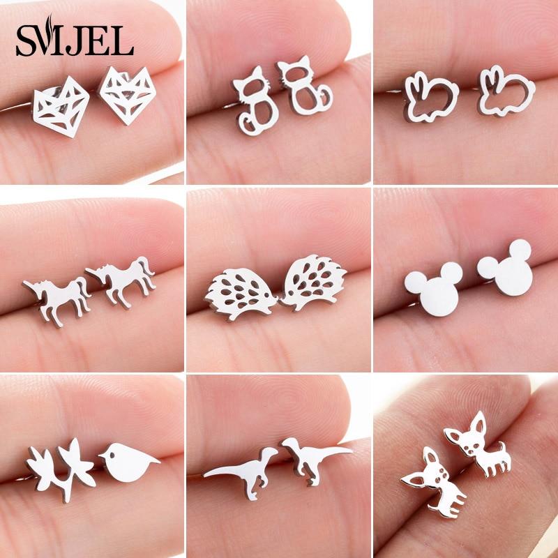 SMJEL – boucles d'oreilles Mickey en acier inoxydable pour femmes et filles, minimaliste, renard, chat, hérisson, bijoux, accessoires animaux, cadeaux