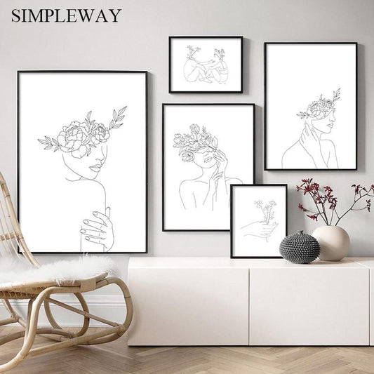 Simplicity Line Drawing Poster and Print Black White Abstract Flower Woman Artwork Canvas Painting Wall Art Picture Home Decor