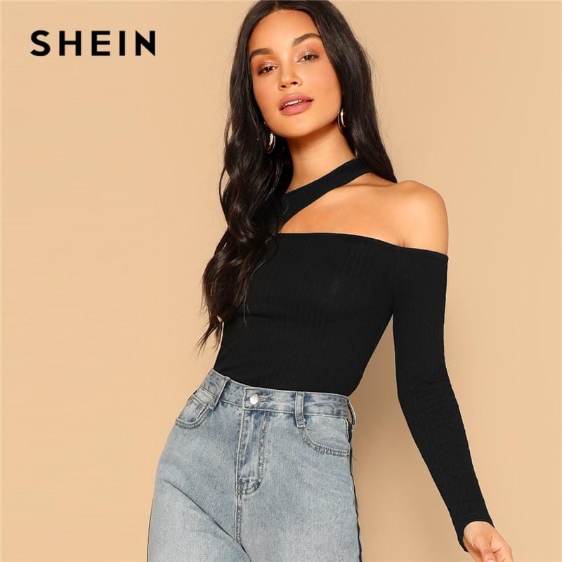 SHEIN asymétrique découpe cou côtelé T-shirt 2019 femmes élégant printemps plaine à manches longues Slim Fit fête Tee et hauts