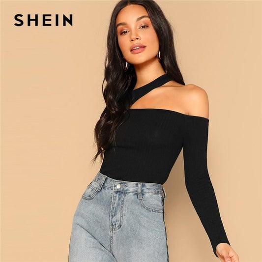 SHEIN Asymmetric Cutout Neck Ribbed T-shirt 2019 Women Elegant Spring Plain Long Sleeve Slim Fit Party Tee and Tops