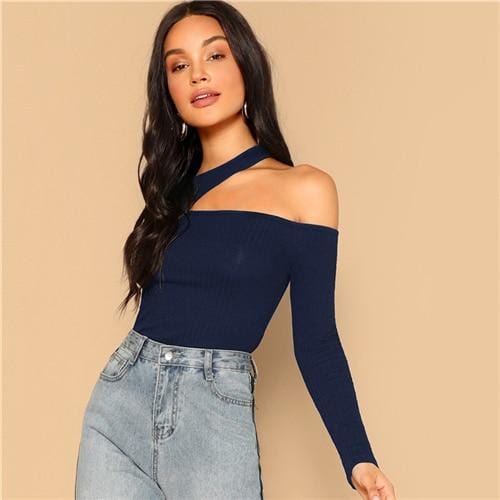 SHEIN asymétrique découpe cou côtelé T-shirt 2019 femmes élégant printemps plaine à manches longues Slim Fit fête Tee et hauts