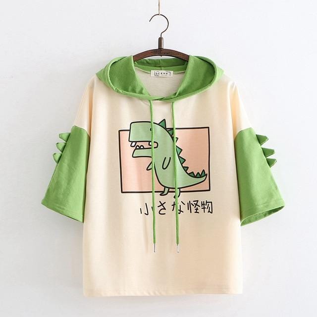 Merry Pretty Women Dinosaur Sweatshirts Hooded Warm Fleece Hoodies Pullovers With Horns Harajuku Hooded Girls Teens Green Hoodie