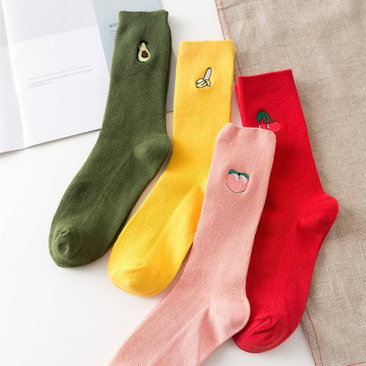 Lustige Socken aus Baumwolle, niedlicher Fruchtdruck, Damensocken, Meias, Retro-Stickerei, lange bunte lustige Socken für Damen und Mädchen, mehrfarbige Socke