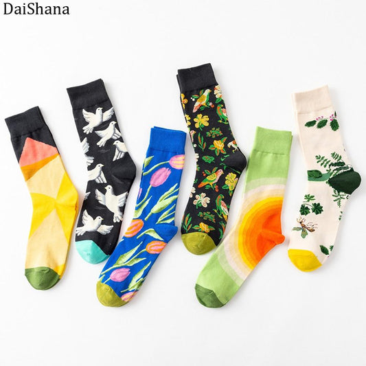 DaiShana 1 paire nouveauté femmes chaussettes Harajuku créatif fleur et oiseau croquis impression coton chaussettes drôle décontracté mode heureux mi chaussettes Style européen et américain INS réseau rouge marée chaussettes Mujer Calzini Donna