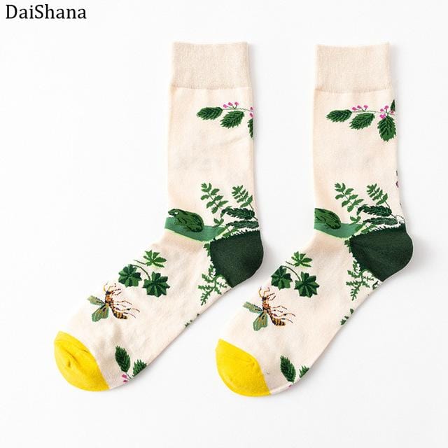 DaiShana 1 Pair New Arrival Women Socks Harajuku Creative Flower And Bird Sketch Print Cotton Socks Funny Casual Fashion Happy Mid Socks European And American-Style INS Network Red Tide Socks Mujer Calzini Donna