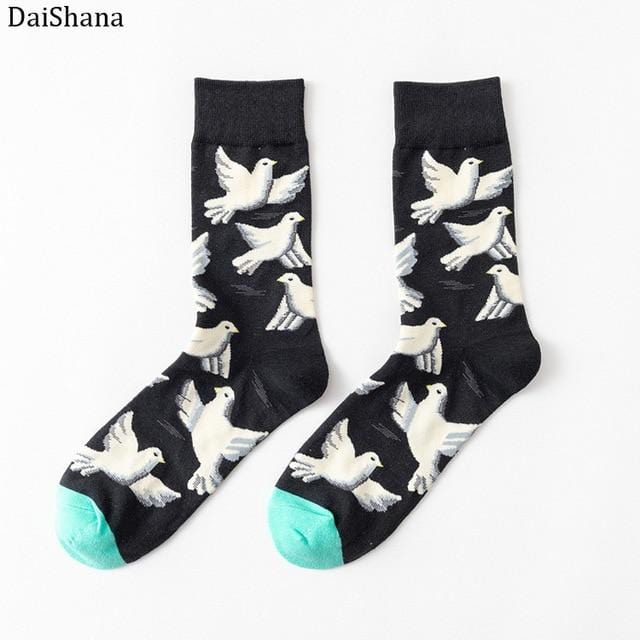 DaiShana 1 Pair New Arrival Women Socks Harajuku Creative Flower And Bird Sketch Print Cotton Socks Funny Casual Fashion Happy Mid Socks European And American-Style INS Network Red Tide Socks Mujer Calzini Donna