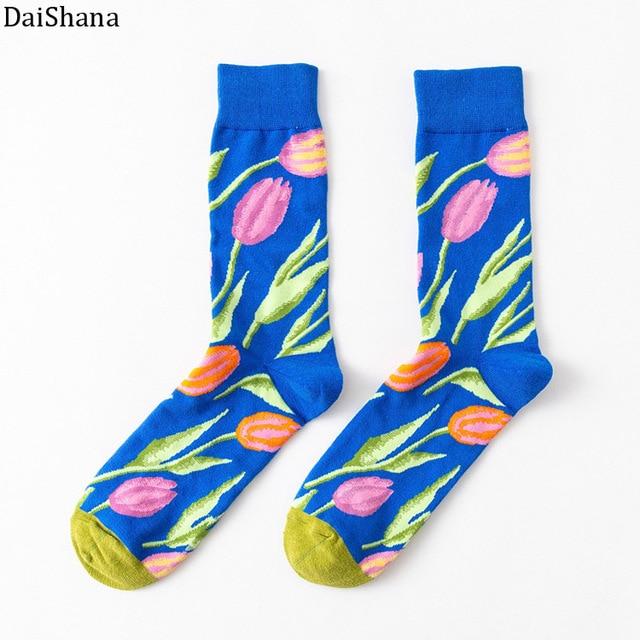 DaiShana 1 Pair New Arrival Women Socks Harajuku Creative Flower And Bird Sketch Print Cotton Socks Funny Casual Fashion Happy Mid Socks European And American-Style INS Network Red Tide Socks Mujer Calzini Donna