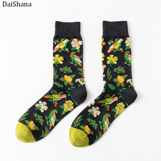 DaiShana 1 Pair New Arrival Women Socks Harajuku Creative Flower And Bird Sketch Print Cotton Socks Funny Casual Fashion Happy Mid Socks European And American-Style INS Network Red Tide Socks Mujer Calzini Donna