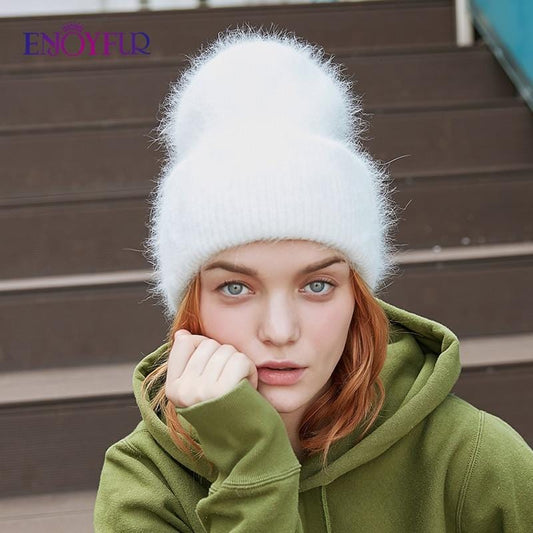 ENJOYFUR hiver chapeaux pour femmes chaud long lapin fourrure cheveux femme casquettes mode couleurs unies large manchette jeune style bonnets