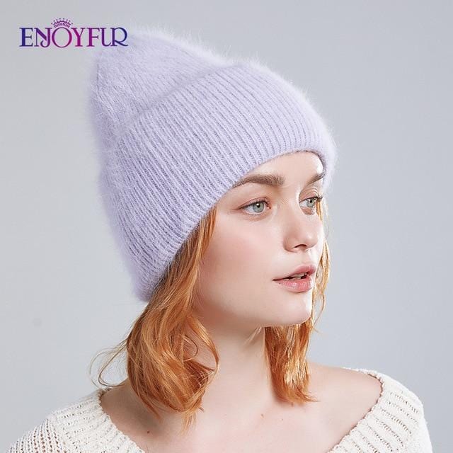 ENJOYFUR Winter hats for women warm long rabbit fur hair female caps fashion solid colors wide cuff young style beanies