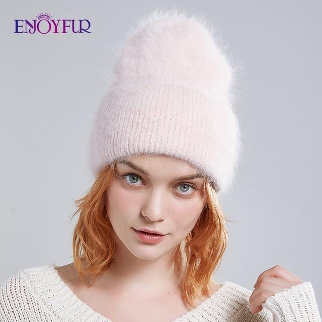 ENJOYFUR Winter hats for women warm long rabbit fur hair female caps fashion solid colors wide cuff young style beanies