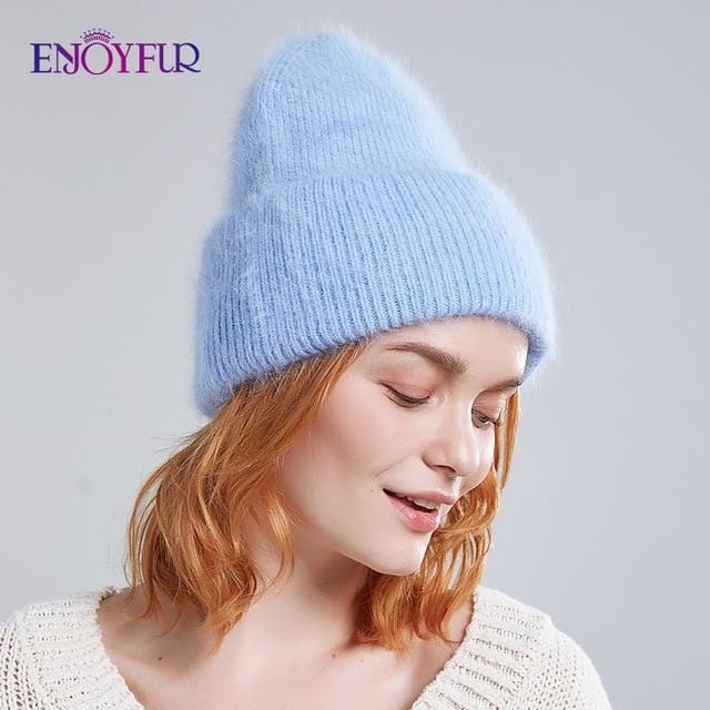 ENJOYFUR hiver chapeaux pour femmes chaud long lapin fourrure cheveux femme casquettes mode couleurs unies large manchette jeune style bonnets