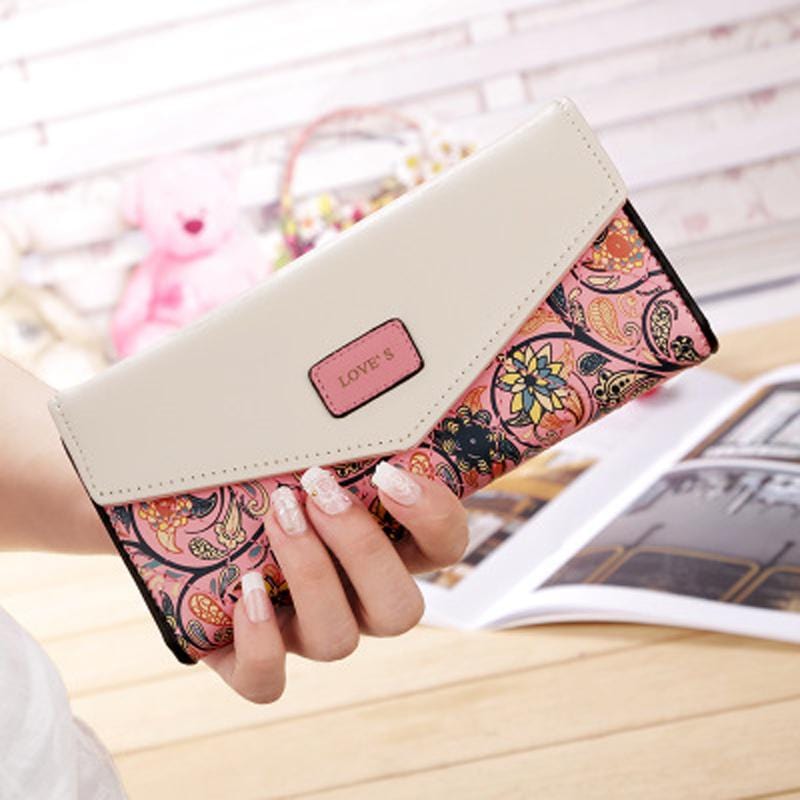 2019 New Fashion Envelope Women Wallet Hit Color 3Fold Flowers Printing PU Leather Wallet Long Ladies Clutch Coin Phone Purse