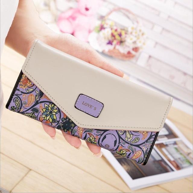 2019 New Fashion Envelope Women Wallet Hit Color 3Fold Flowers Printing PU Leather Wallet Long Ladies Clutch Coin Phone Purse