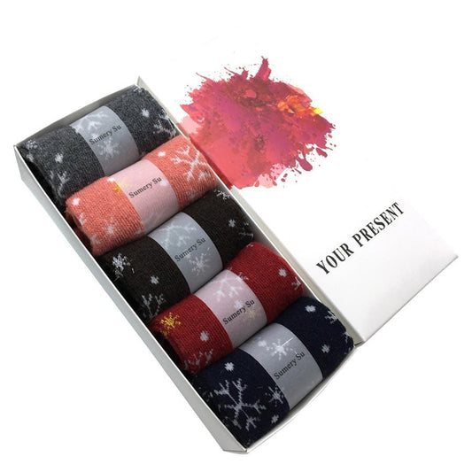 5 Paare/los Wollsocken Damen Winter Schnee Blumenmuster Kaschmir Warme Socken Damen Mädchen Weihnachtsgeschenk