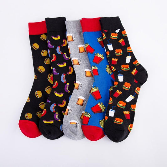 Colorful Hot Dog Hamburg Beer Pattern Novelty Crew Socks Men's Funny Food Kawaii Sokken Creative Casual Cotton Socks For Male