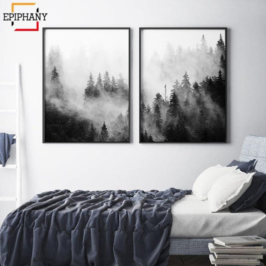 Toile d'art mural scandinave en noir et blanc, imprimés de forêt, peinture sur toile, paysage minimaliste moderne, affiches de montagne brumeuses